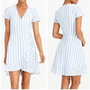 JCrew 100% Cotton Linen-like Mini Faux Wrap Ruffle Hem Coastal Nautical Dress 00
